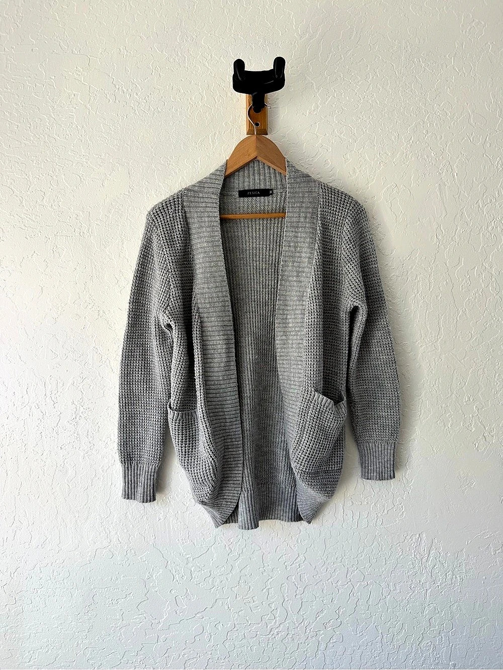 ZESICA Open Front Waffle Knit Cardigan with Pockets Gray Medium